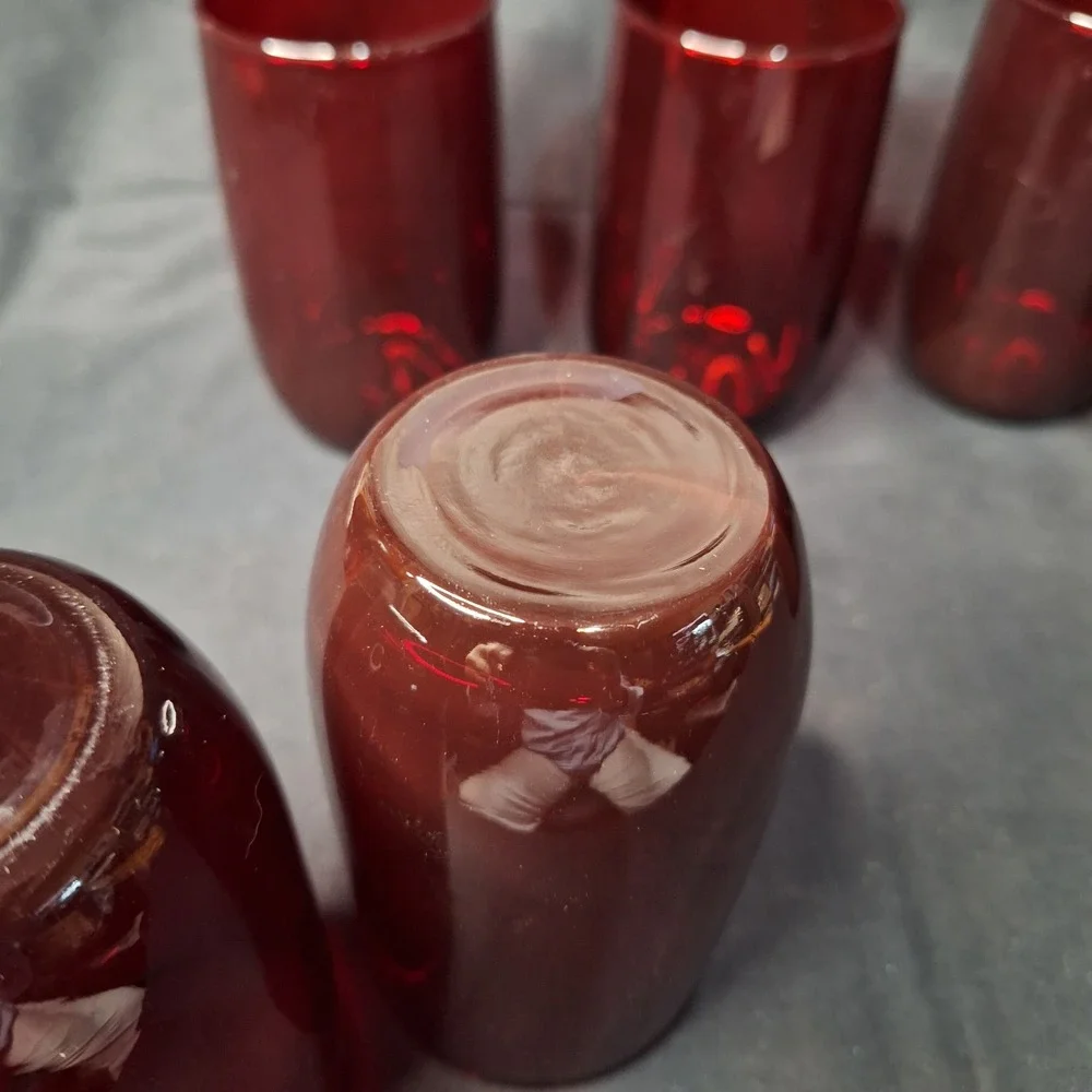Set of 7 Ruby‎ Red Glass Tumblers Vintage Minimalist Drinking Glasses 4.25 Inch